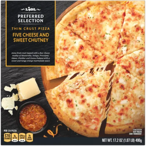 Preferred Selection Frozen Thin Crust Pizza, Five Cheese And Sweet Chutney^Lidl Clearance
